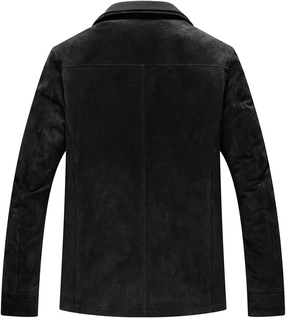 FLAVOR Men's Classic Leather Jacket Suede Winter Coat with Removable Collar