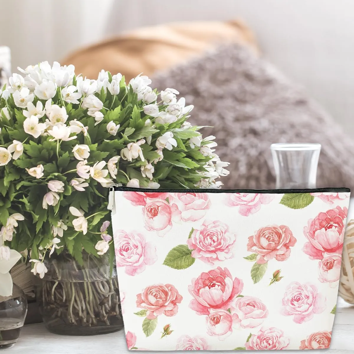 Floral Pink Makeup Bag Gift, Coquette Trendy Cute Zipper Travel Toiletry Cosmetic Bag, Preppy PU Leather Organizer for Women, Coquette Birthday Gifts for Sister, Teen, Daughter, Bff, Friend