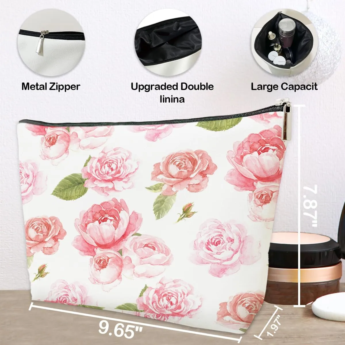 Floral Pink Makeup Bag Gift, Coquette Trendy Cute Zipper Travel Toiletry Cosmetic Bag, Preppy PU Leather Organizer for Women, Coquette Birthday Gifts for Sister, Teen, Daughter, Bff, Friend