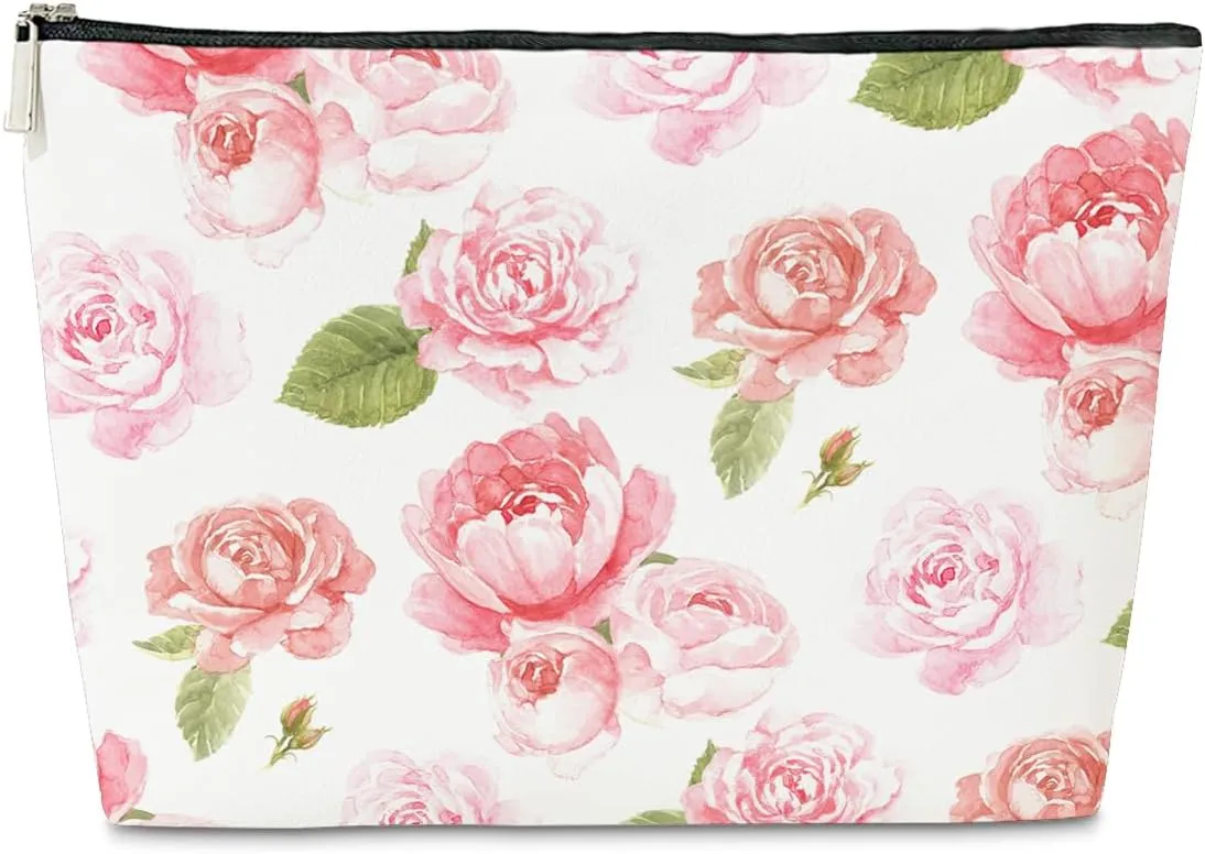 Floral Pink Makeup Bag Gift, Coquette Trendy Cute Zipper Travel Toiletry Cosmetic Bag, Preppy PU Leather Organizer for Women, Coquette Birthday Gifts for Sister, Teen, Daughter, Bff, Friend