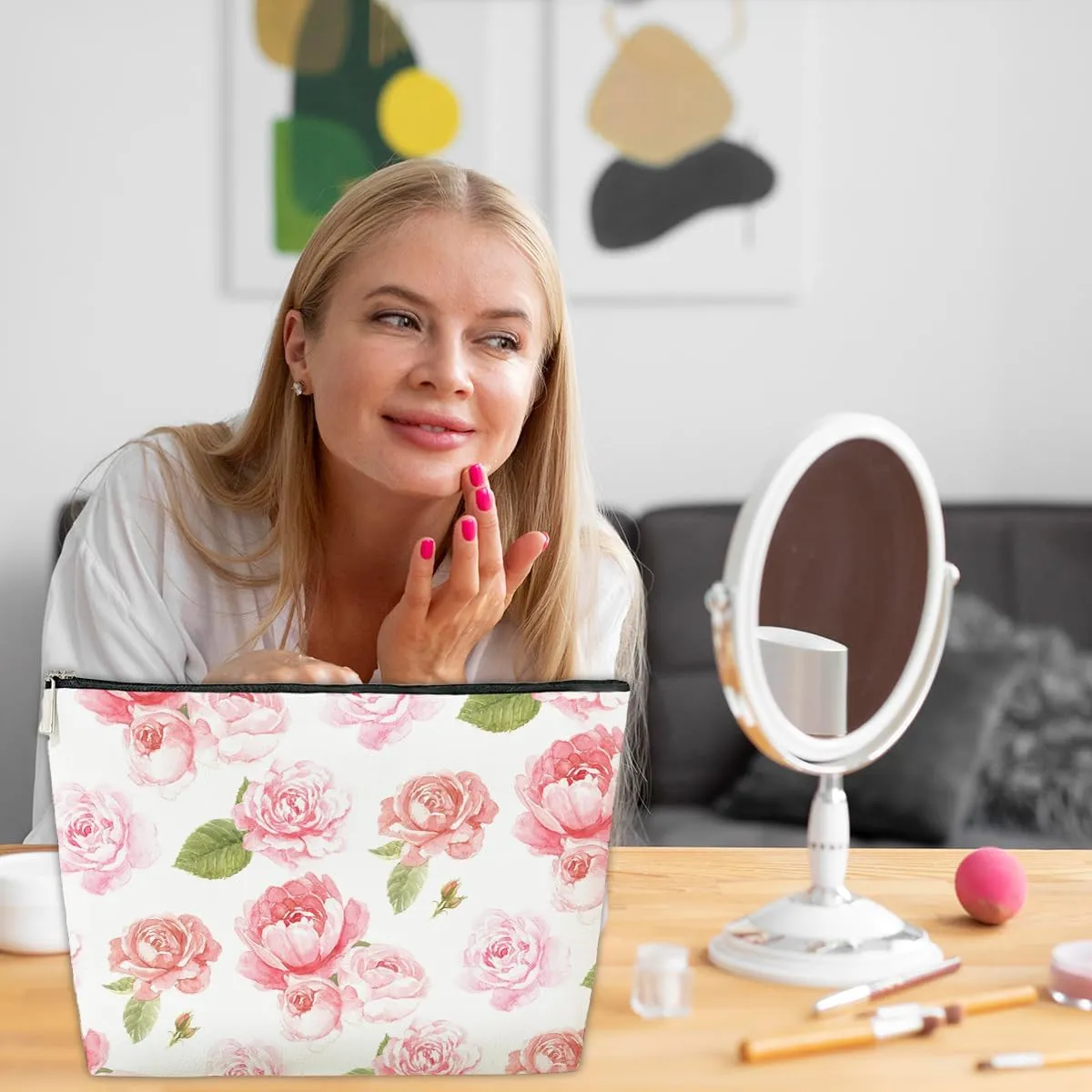 Floral Pink Makeup Bag Gift, Coquette Trendy Cute Zipper Travel Toiletry Cosmetic Bag, Preppy PU Leather Organizer for Women, Coquette Birthday Gifts for Sister, Teen, Daughter, Bff, Friend