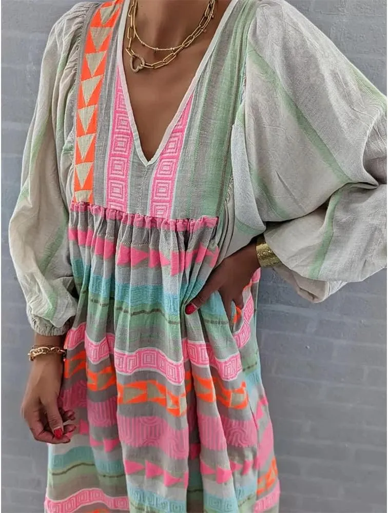 Floral Print Casual Maxi Dress for Women Summer Loose V Neck Short Sleeve Flowy Long Dresses with Ruffle Swing Hem
