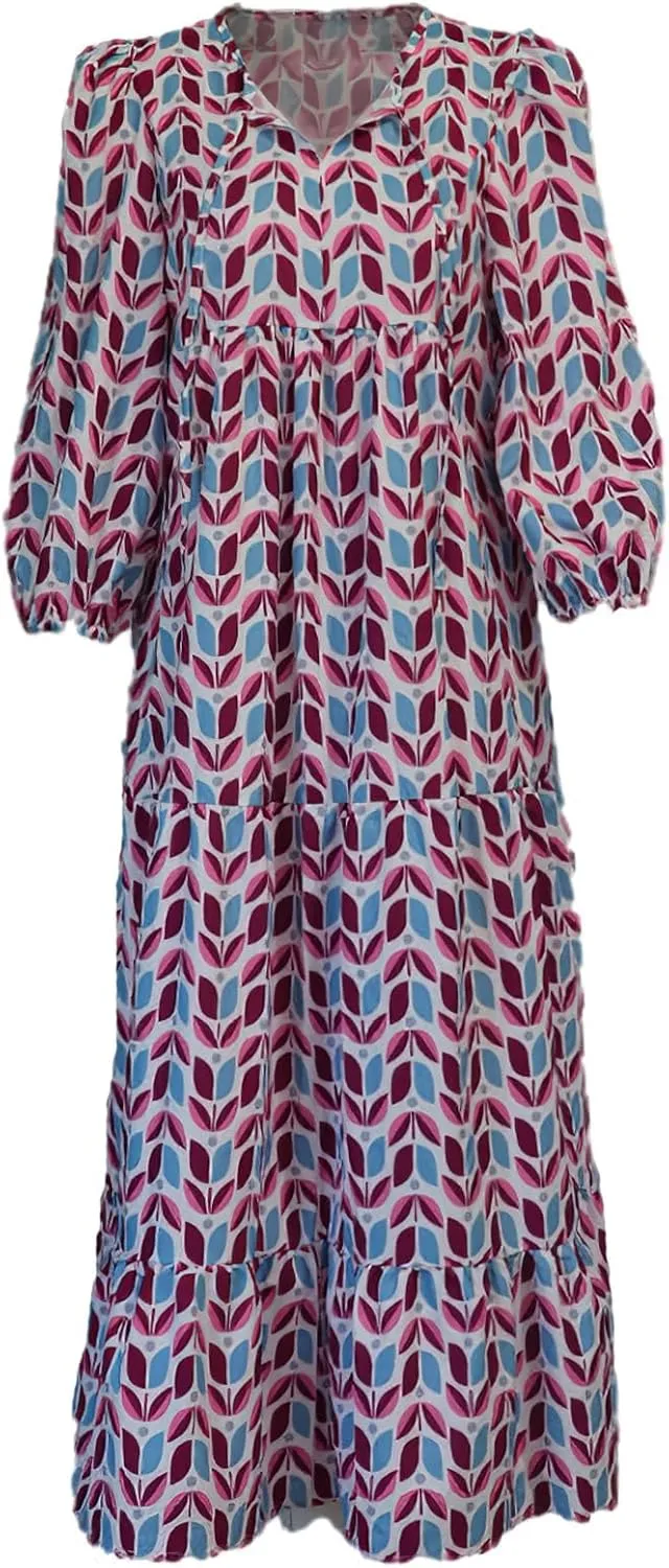 Floral Print Casual Maxi Dress for Women Summer Loose V Neck Short Sleeve Flowy Long Dresses with Ruffle Swing Hem