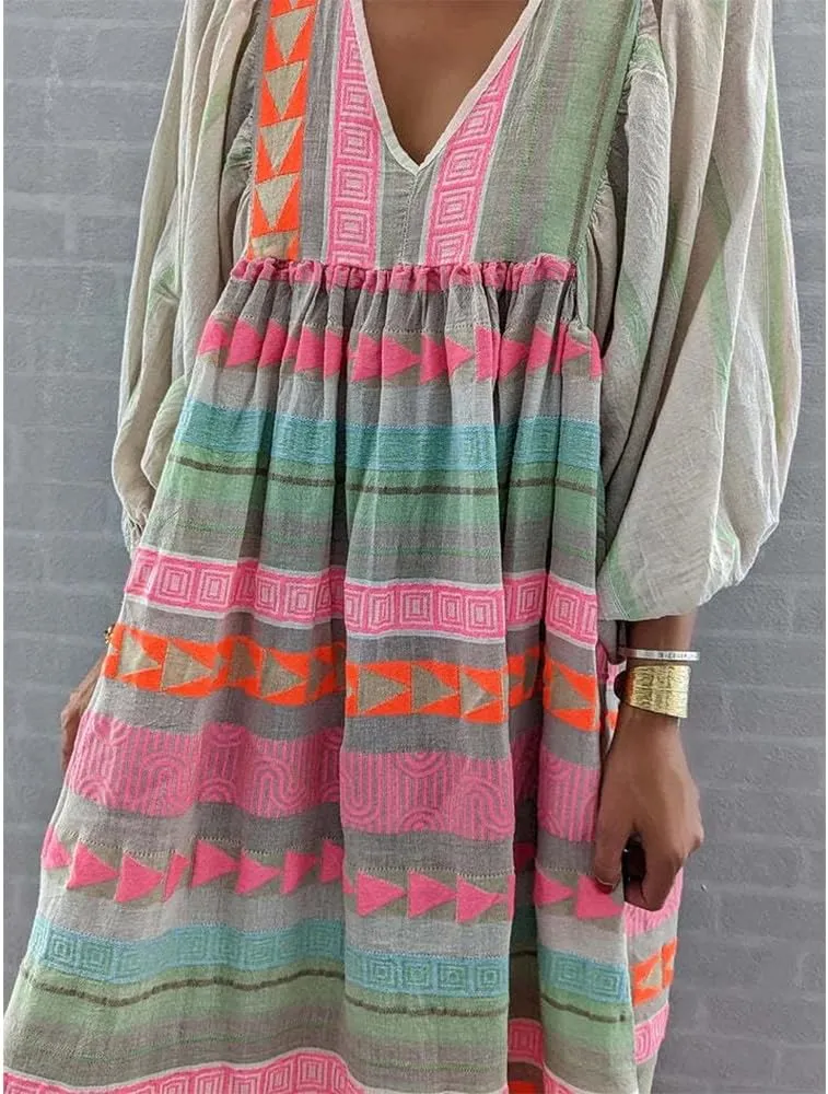 Floral Print Casual Maxi Dress for Women Summer Loose V Neck Short Sleeve Flowy Long Dresses with Ruffle Swing Hem