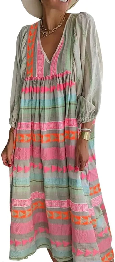 Floral Print Casual Maxi Dress for Women Summer Loose V Neck Short Sleeve Flowy Long Dresses with Ruffle Swing Hem