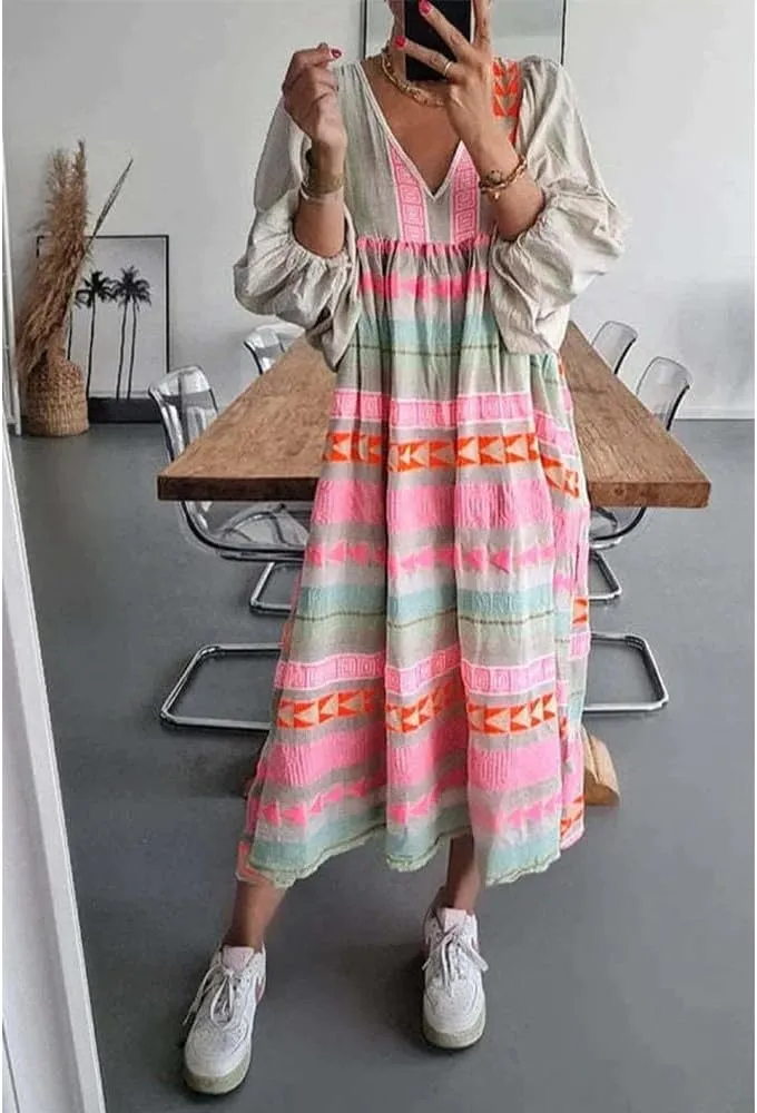 Floral Print Casual Maxi Dress for Women Summer Loose V Neck Short Sleeve Flowy Long Dresses with Ruffle Swing Hem