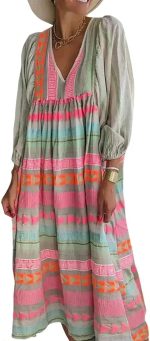 Floral Print Casual Maxi Dress for Women Summer Loose V Neck Short Sleeve Flowy Long Dresses with Ruffle Swing Hem