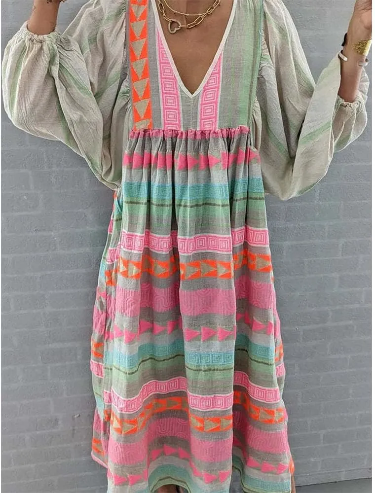 Floral Print Casual Maxi Dress for Women Summer Loose V Neck Short Sleeve Flowy Long Dresses with Ruffle Swing Hem