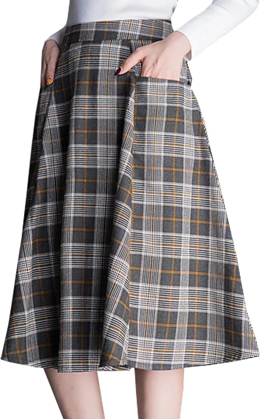 Flygo Women's Vintage Aline Plaid Skirt Winter Warm Pleated Flared Midi Long Skirts