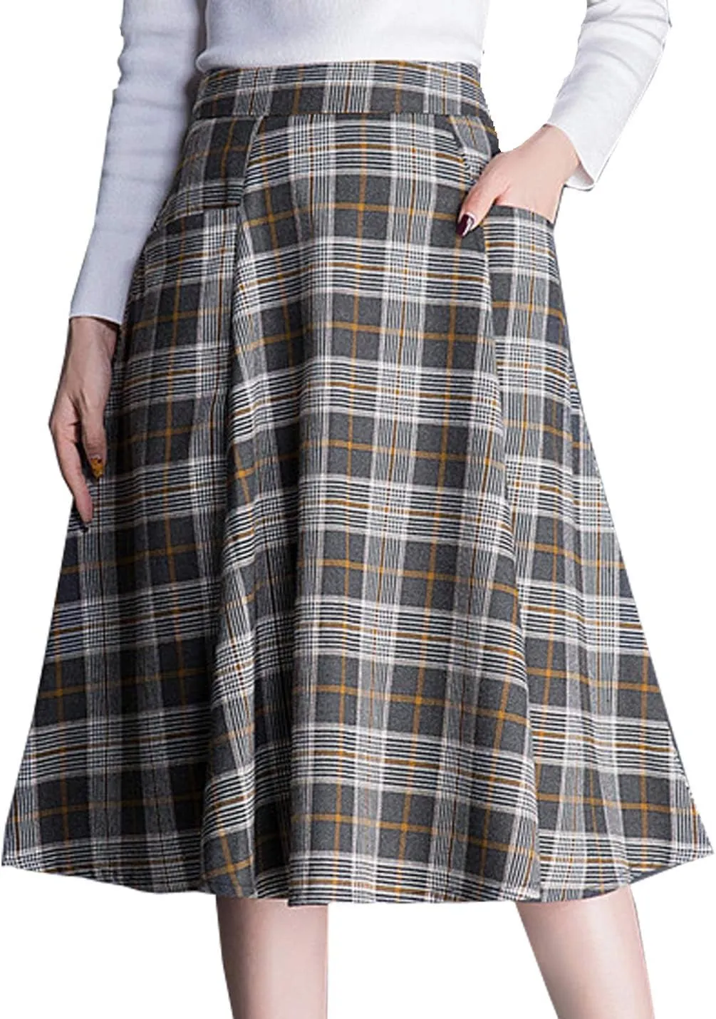 Flygo Women's Vintage Aline Plaid Skirt Winter Warm Pleated Flared Midi Long Skirts