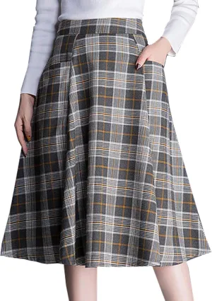 Flygo Women's Vintage Aline Plaid Skirt Winter Warm Pleated Flared Midi Long Skirts