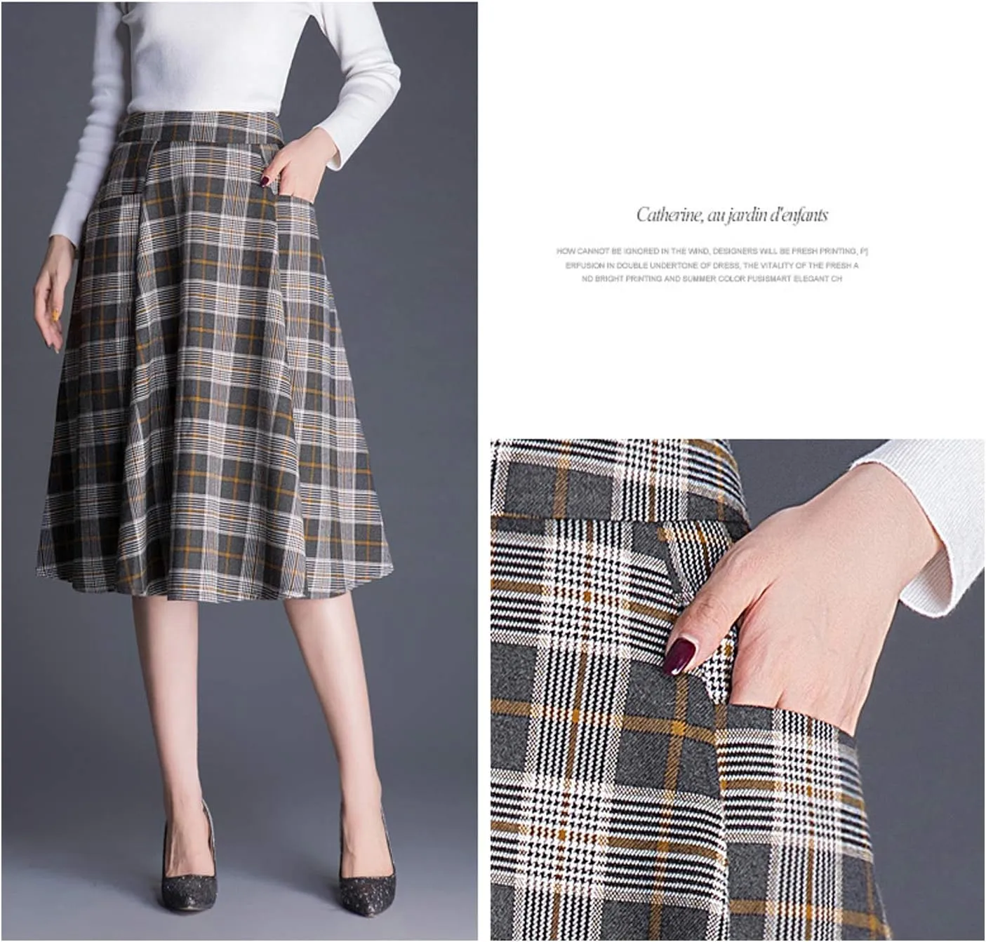 Flygo Women's Vintage Aline Plaid Skirt Winter Warm Pleated Flared Midi Long Skirts