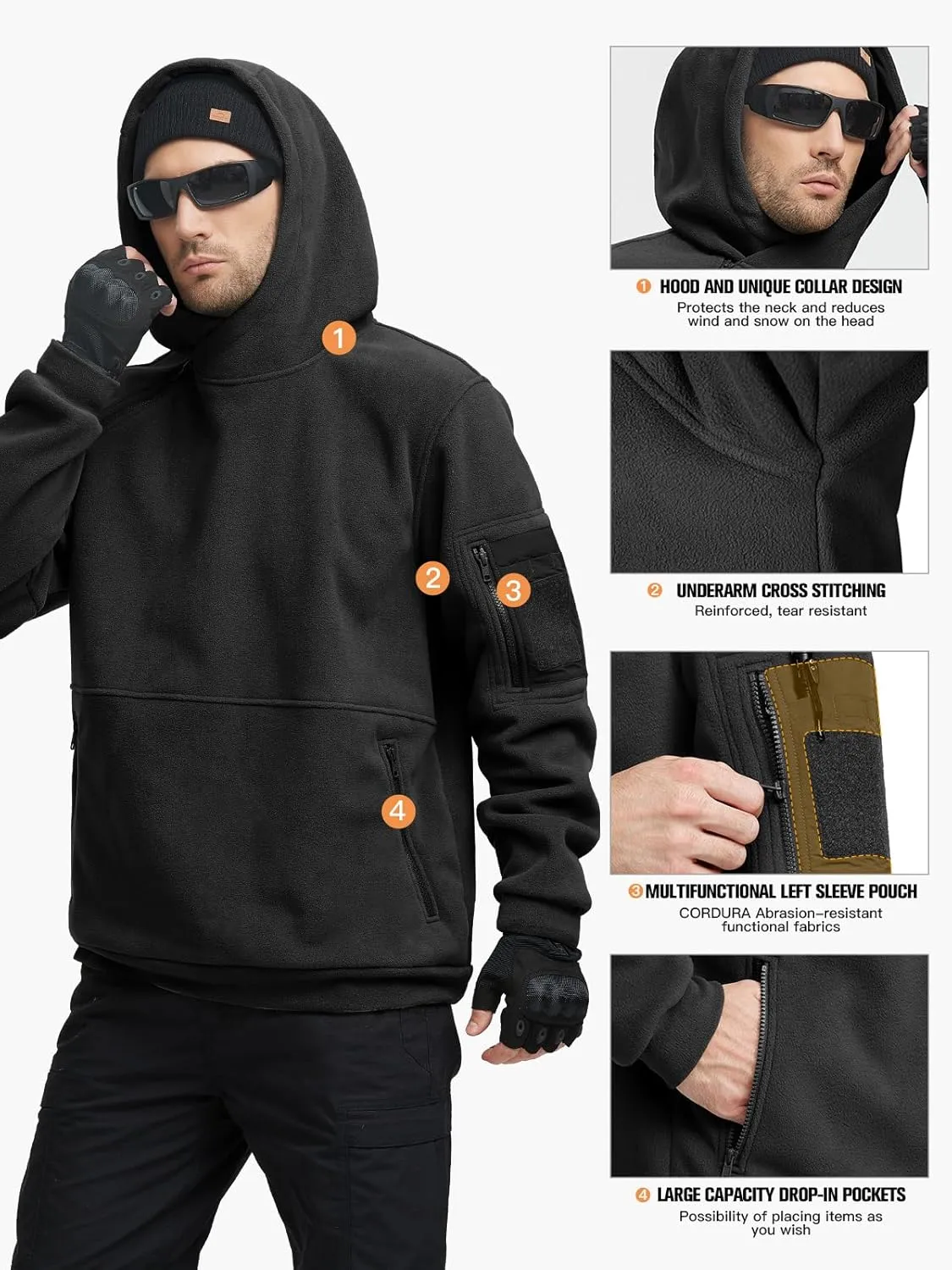 FREE SOLDIER Men's Tactical Winter Fleece Pullover Hoodie Warm Long Fleece lined Hooded Sweatshirt