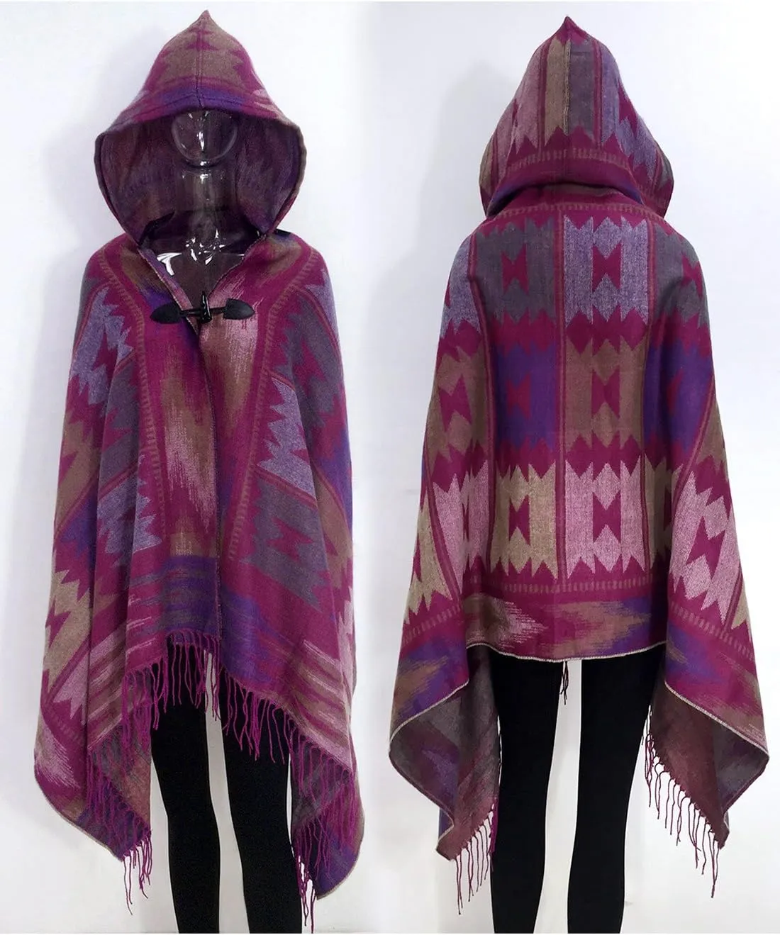 futurino Women's Bohemian Aztec Print Blanket Poncho Hoodie Cape Shawl with Tassels