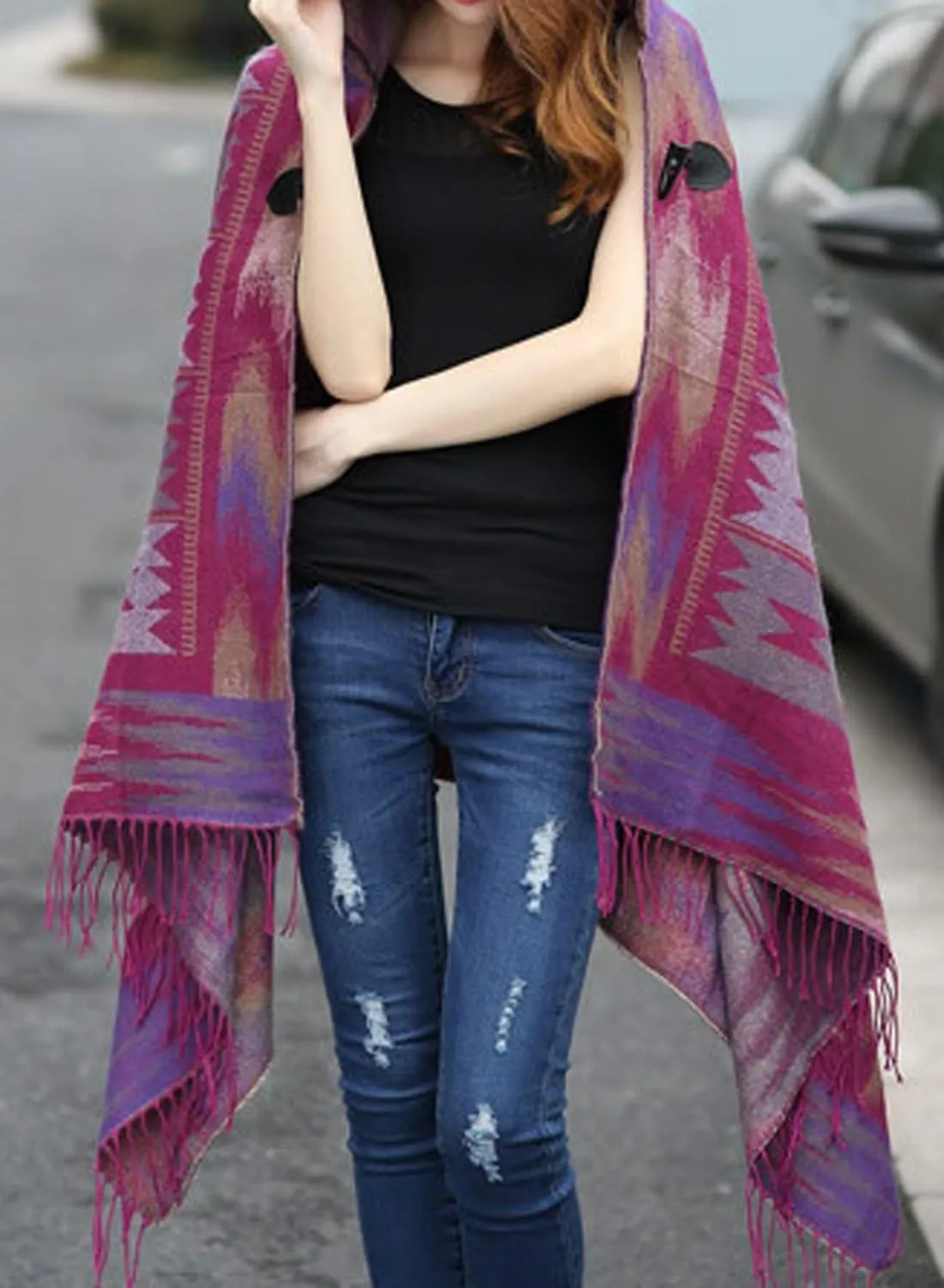 futurino Women's Bohemian Aztec Print Blanket Poncho Hoodie Cape Shawl with Tassels