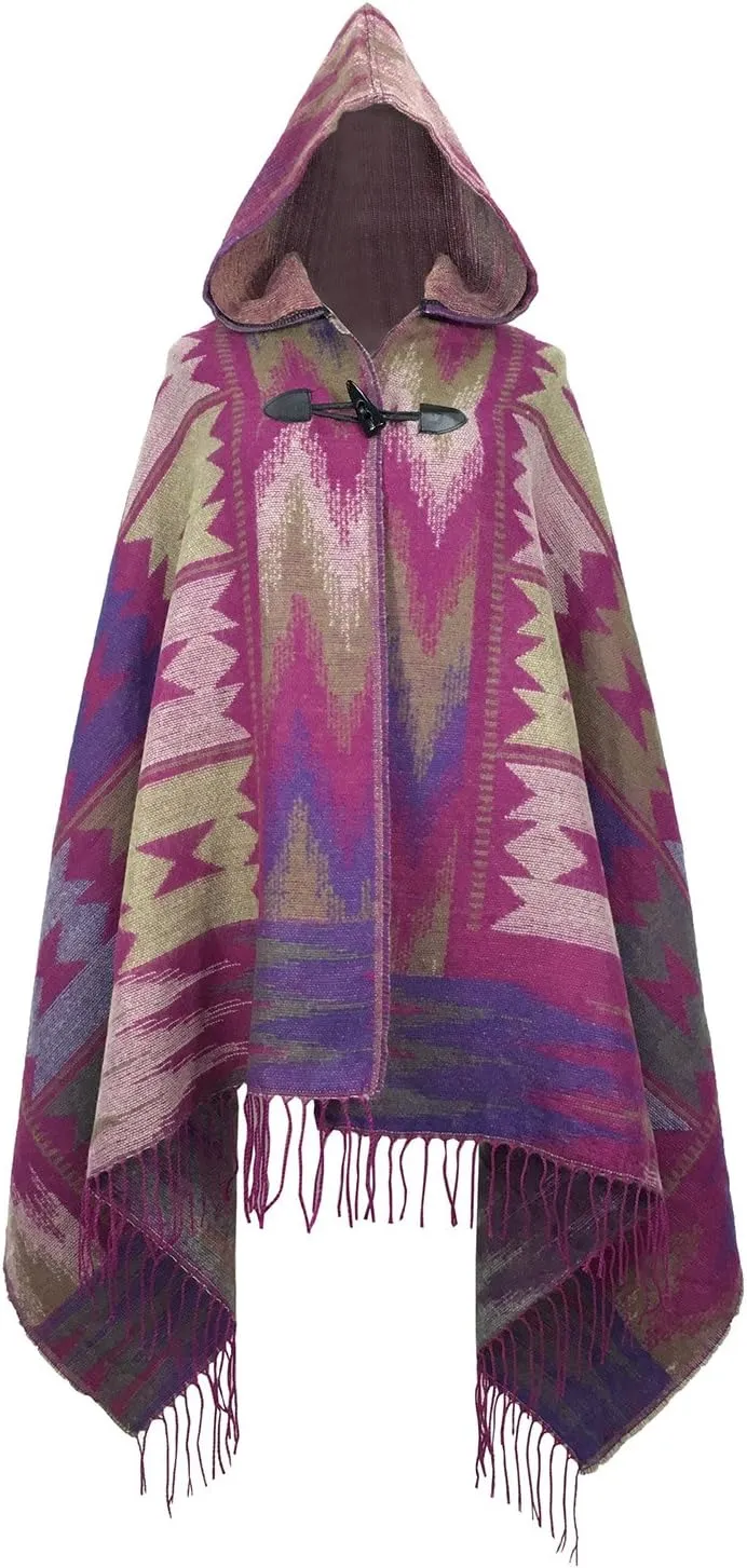 futurino Women's Bohemian Aztec Print Blanket Poncho Hoodie Cape Shawl with Tassels