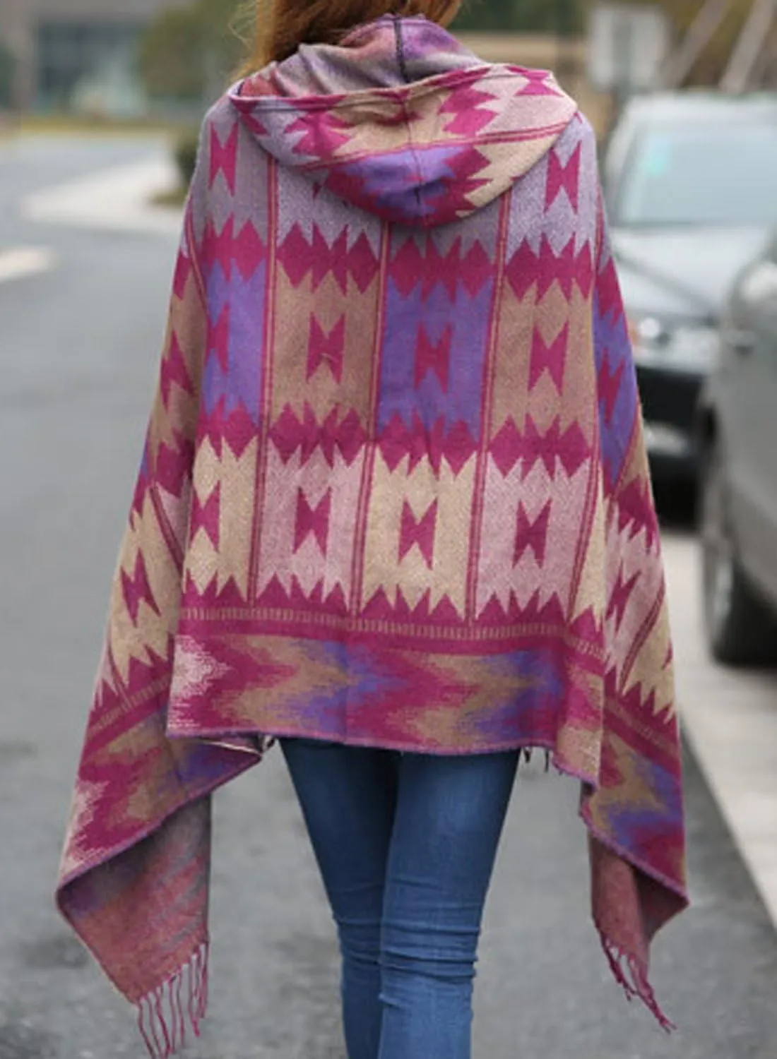 futurino Women's Bohemian Aztec Print Blanket Poncho Hoodie Cape Shawl with Tassels