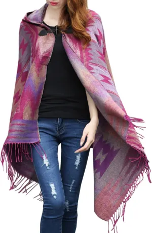 futurino Women's Bohemian Aztec Print Blanket Poncho Hoodie Cape Shawl with Tassels