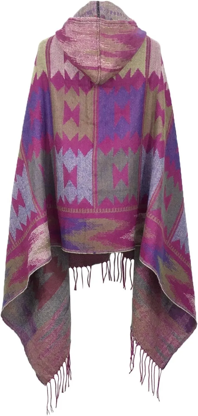 futurino Women's Bohemian Aztec Print Blanket Poncho Hoodie Cape Shawl with Tassels