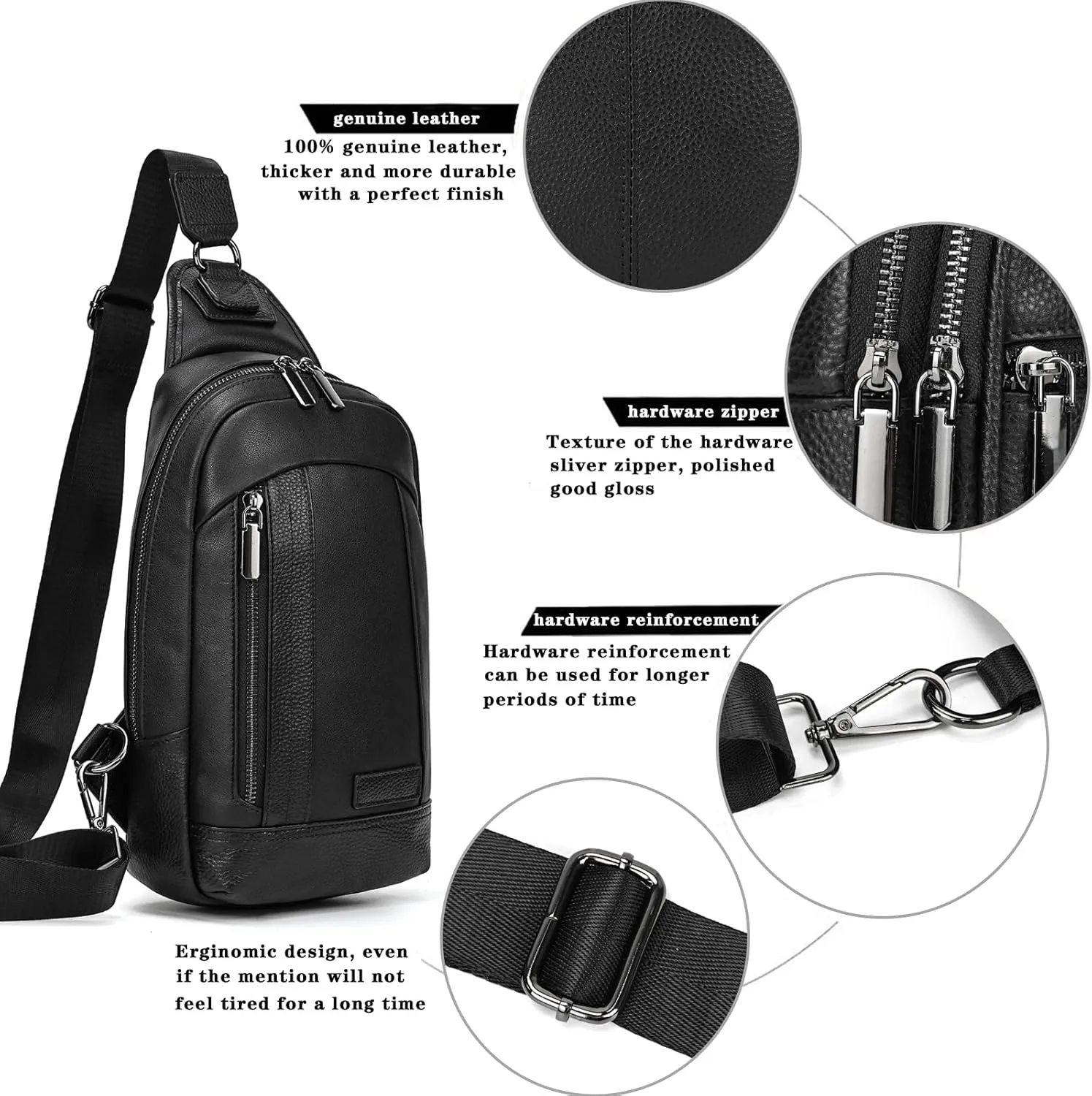 Genuine Leather Sling Bag Multi-pocket Chest Bag for Men Hiking Travel Daypack