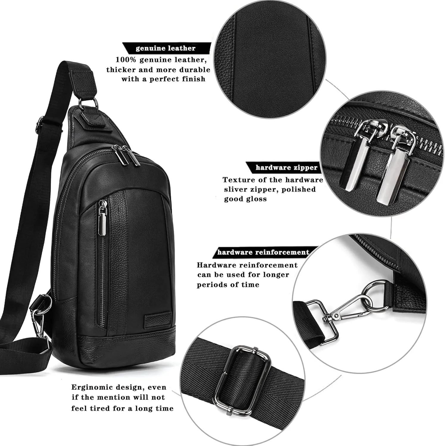 Genuine Leather Sling Bag Multi-pocket Chest Bag for Men Hiking Travel Daypack