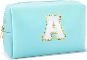 Gifts for Girls Initial Makeup Bag Personalized Cosmetic Bag with Zipper Cute Travel Toiletry Bag Waterproof PU Preppy Makeup Pouch Birthday Gift for Teen Girls Women(Blue A)