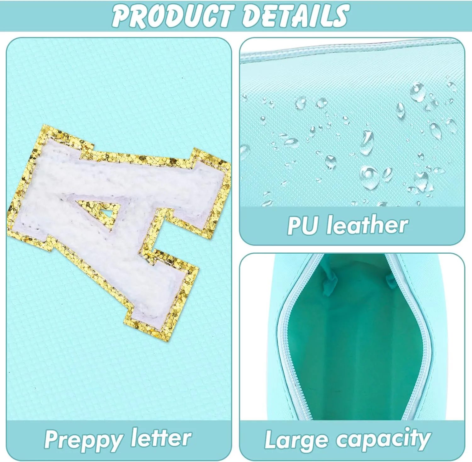 Gifts for Girls Initial Makeup Bag Personalized Cosmetic Bag with Zipper Cute Travel Toiletry Bag Waterproof PU Preppy Makeup Pouch Birthday Gift for Teen Girls Women(Blue A)