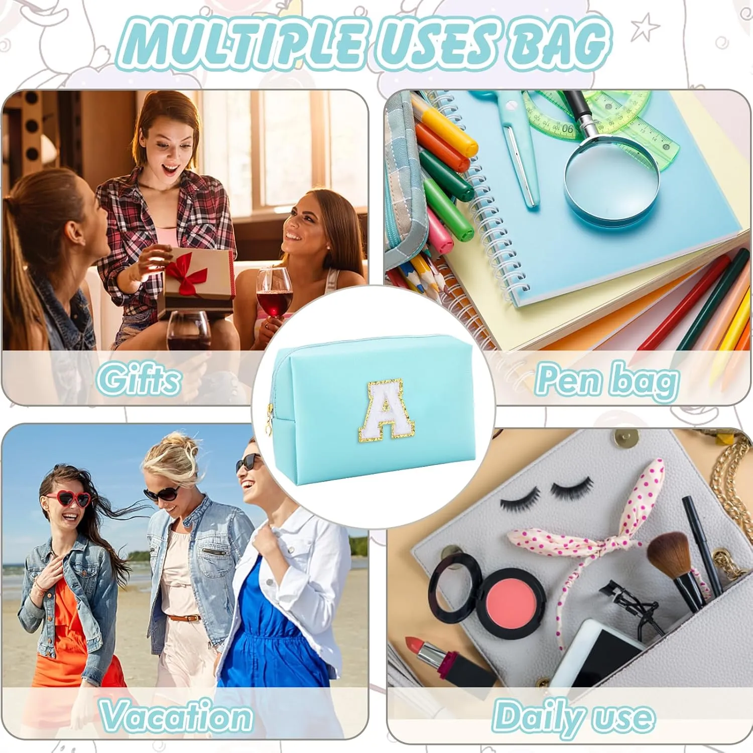 Gifts for Girls Initial Makeup Bag Personalized Cosmetic Bag with Zipper Cute Travel Toiletry Bag Waterproof PU Preppy Makeup Pouch Birthday Gift for Teen Girls Women(Blue A)