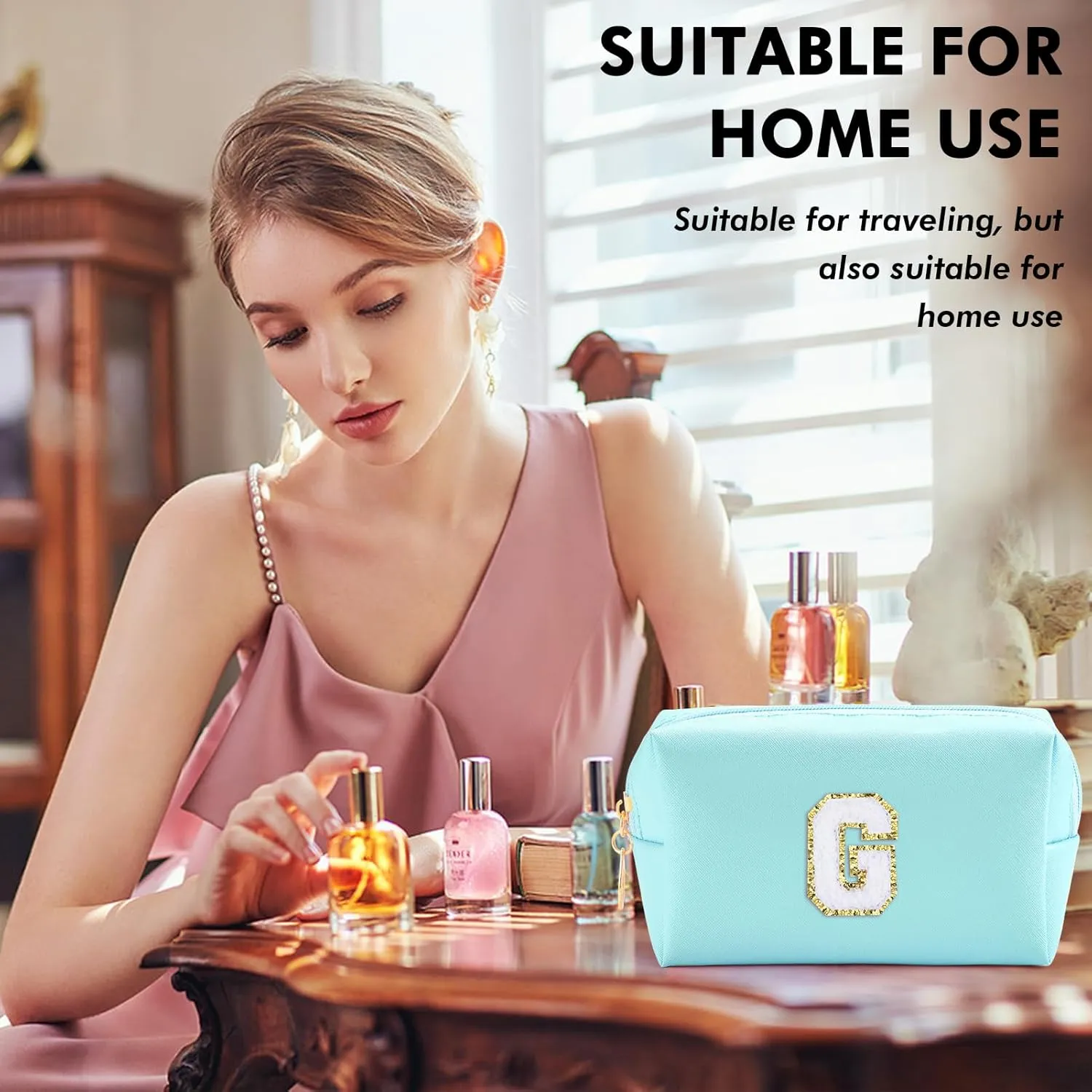 Gifts for Girls Initial Makeup Bag Personalized Cosmetic Bag with Zipper Cute Travel Toiletry Bag Waterproof PU Preppy Makeup Pouch Birthday Gift for Teen Girls Women(Blue G)