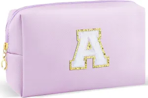 Gifts for Girls Initial Makeup Bag Personalized Cosmetic Bag with Zipper Cute Travel Toiletry Bag Waterproof PU Preppy Makeup Pouch Birthday Gift for Teen Girls Women(Purple A)