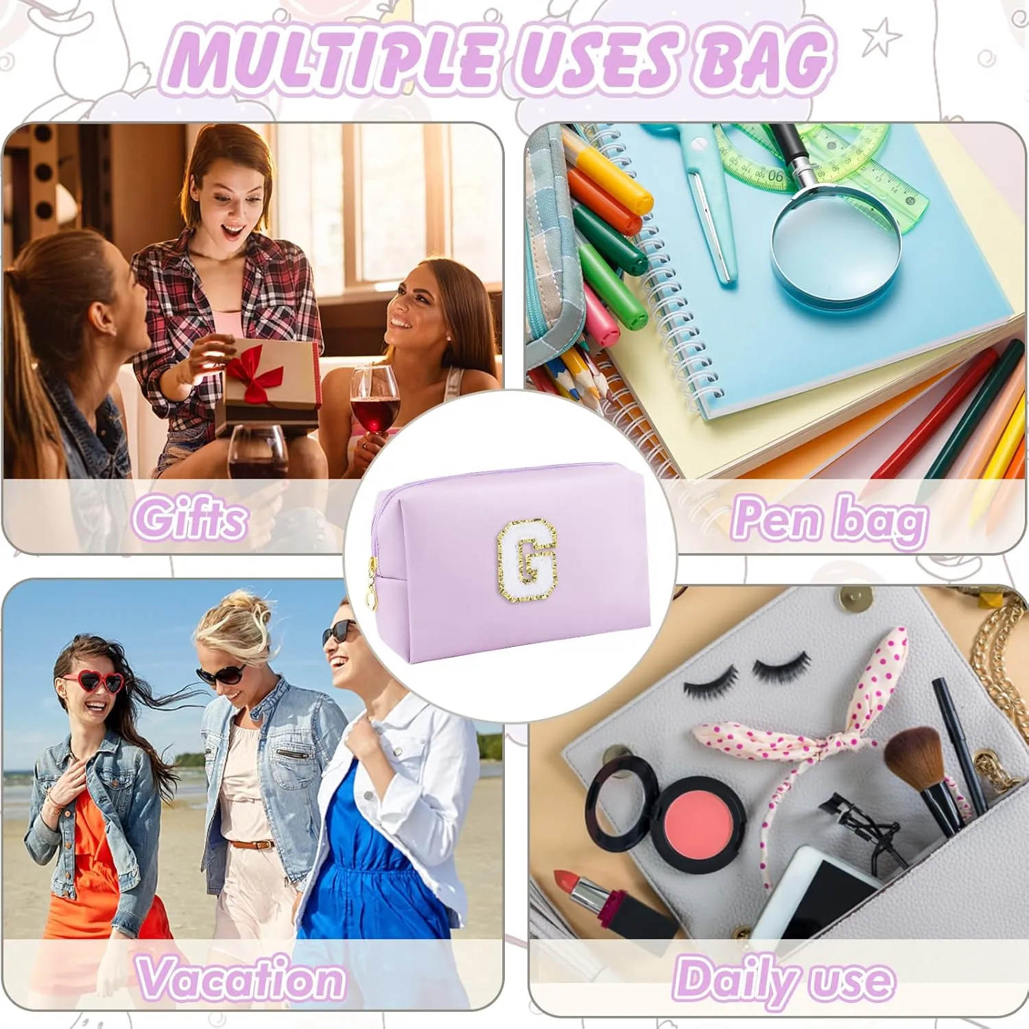 Gifts for Girls Initial Makeup Bag Personalized Cosmetic Bag with Zipper Cute Travel Toiletry Bag Waterproof PU Preppy Makeup Pouch Birthday Gift for Teen Girls Women(Purple G)