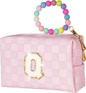 Gifts for Teen Girls Kids, Personalized Portable Cosmetic Bag for Travel, Cute Makeup Pouch, PU Leather Waterproof Toiletry Bag, Preppy Things for Girl (Letter Q)