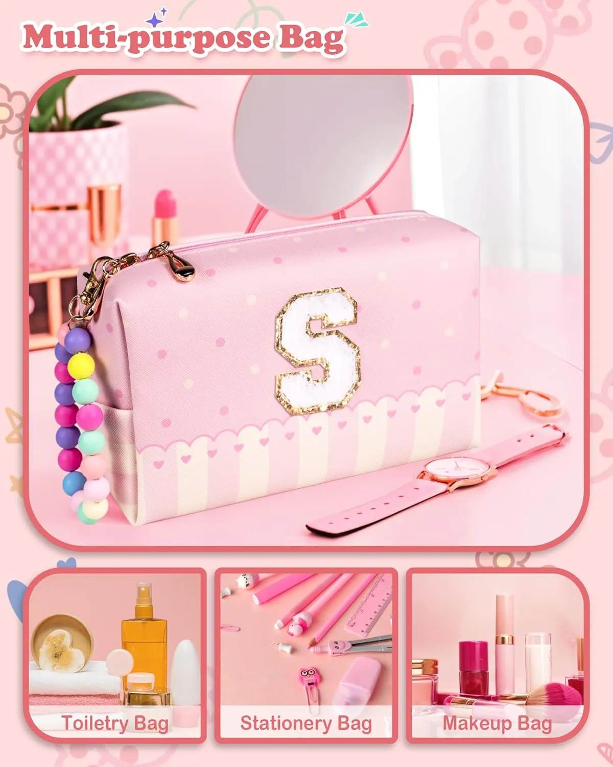 Gifts for Teen Girls Kids, Personalized Portable Cosmetic Bag for Travel, Cute Makeup Pouch, PU Leather Waterproof Toiletry Bag, Preppy Things for Girl (Letter Q)