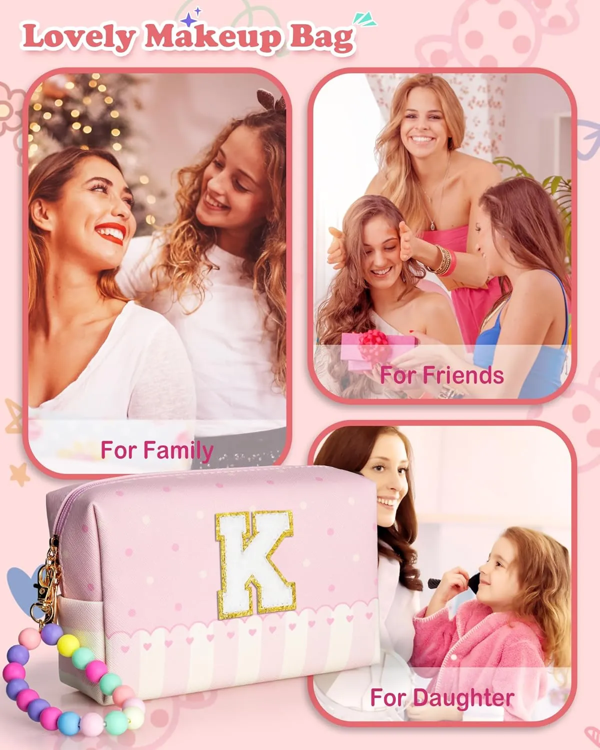 Gifts for Teen Girls Kids, Personalized Portable Cosmetic Bag for Travel, Cute Makeup Pouch, PU Leather Waterproof Toiletry Bag, Preppy Things for Girl (Letter Q)