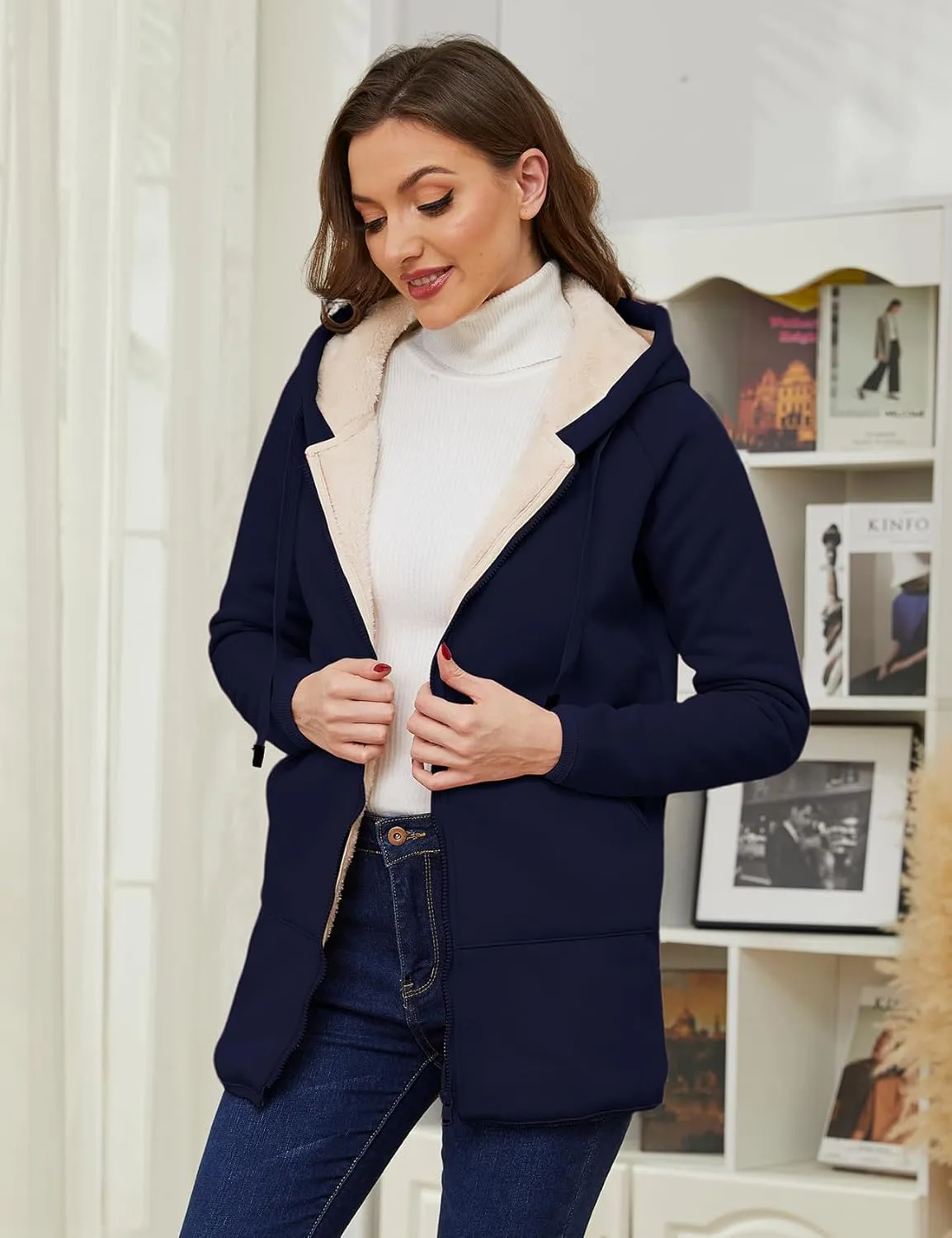 Gihuo Women's Winter Coat Sherpa Lined Zip Hoodie Long Sweatshirt Warm Fleece Lining Heavyweight Hooded Jacket