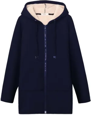 Gihuo Women's Winter Coat Sherpa Lined Zip Hoodie Long Sweatshirt Warm Fleece Lining Heavyweight Hooded Jacket