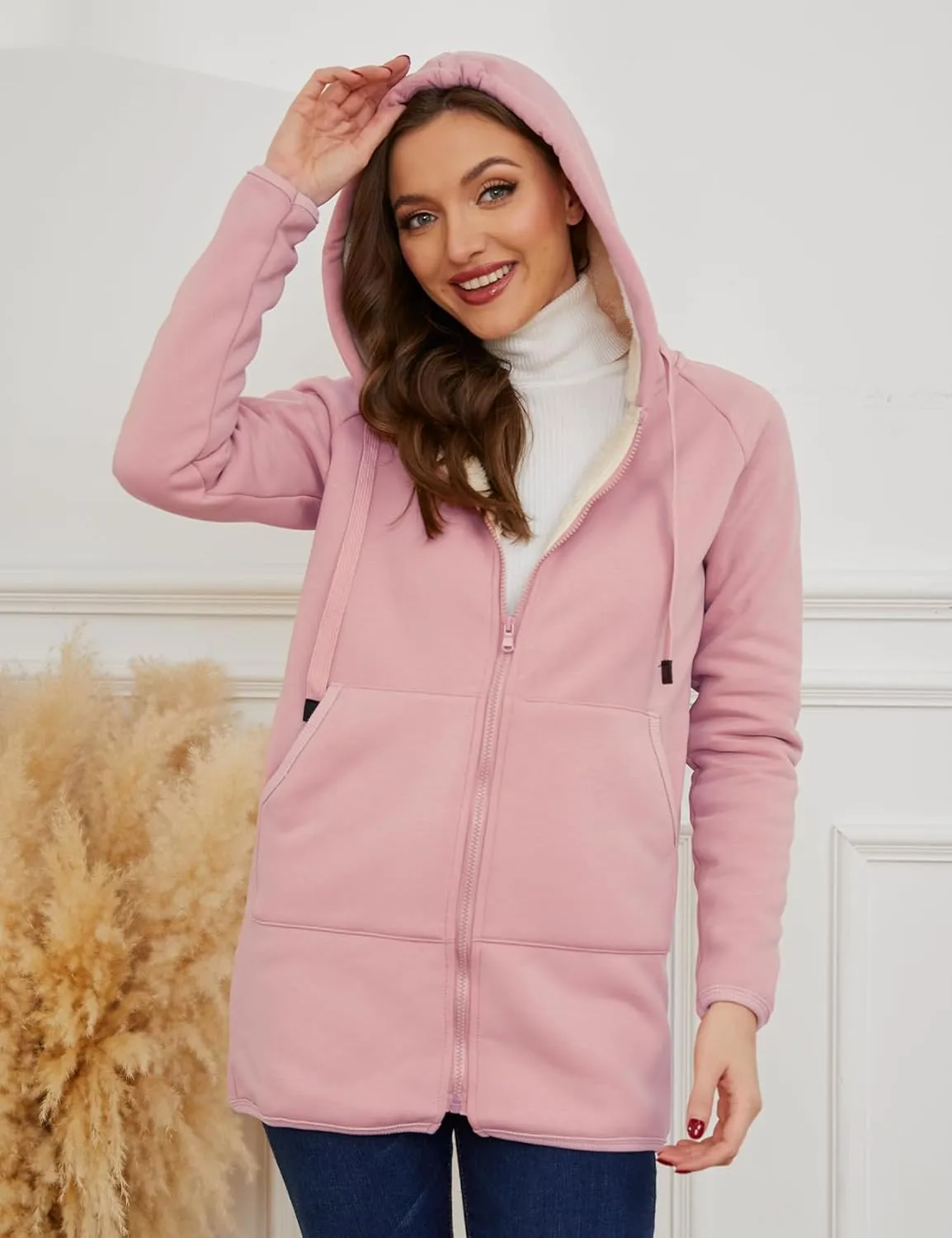 Gihuo Women's Winter Coat Sherpa Lined Zip Hoodie Long Sweatshirt Warm Fleece Lining Heavyweight Hooded Jacket
