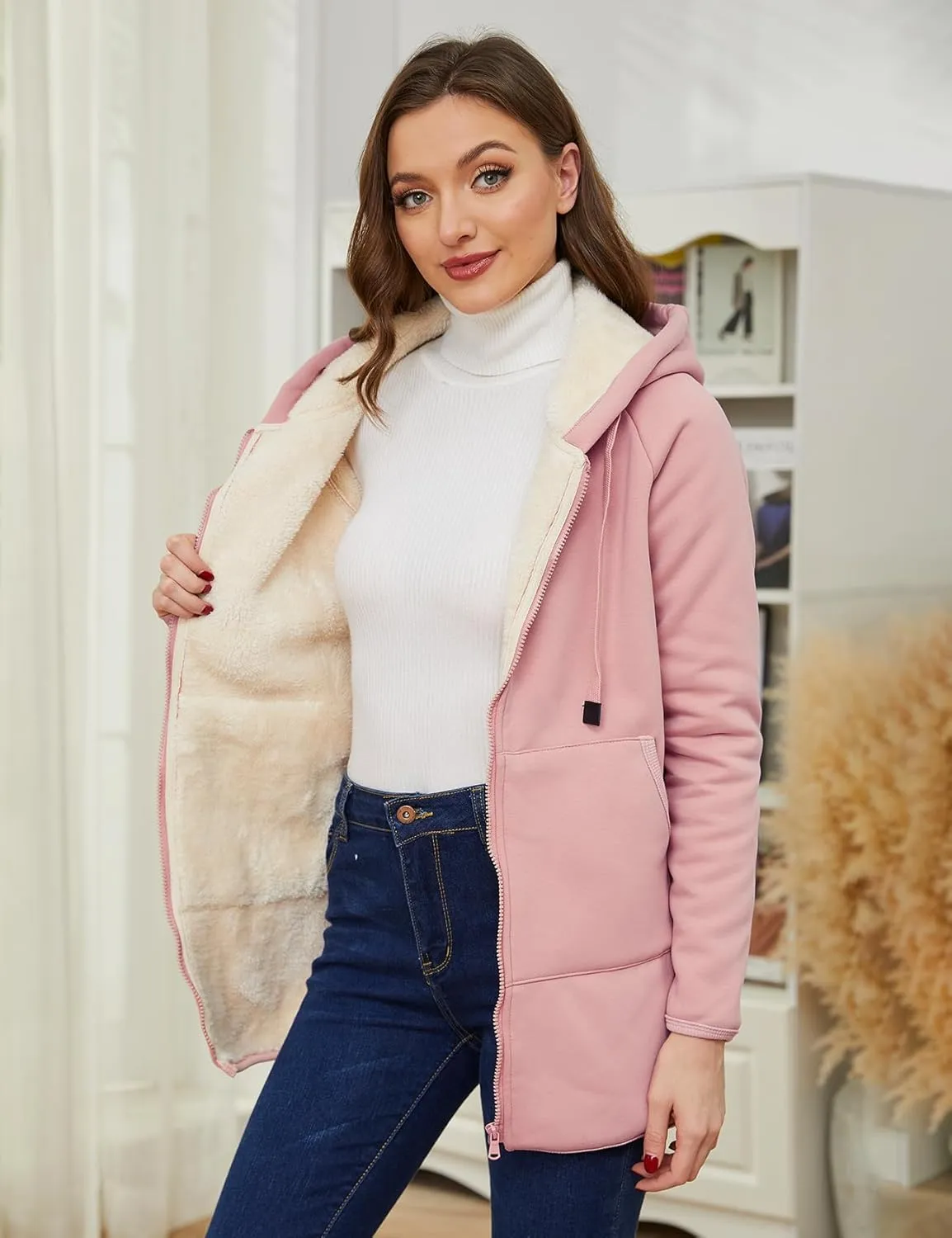 Gihuo Women's Winter Coat Sherpa Lined Zip Hoodie Long Sweatshirt Warm Fleece Lining Heavyweight Hooded Jacket