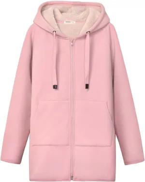 Gihuo Women's Winter Coat Sherpa Lined Zip Hoodie Long Sweatshirt Warm Fleece Lining Heavyweight Hooded Jacket
