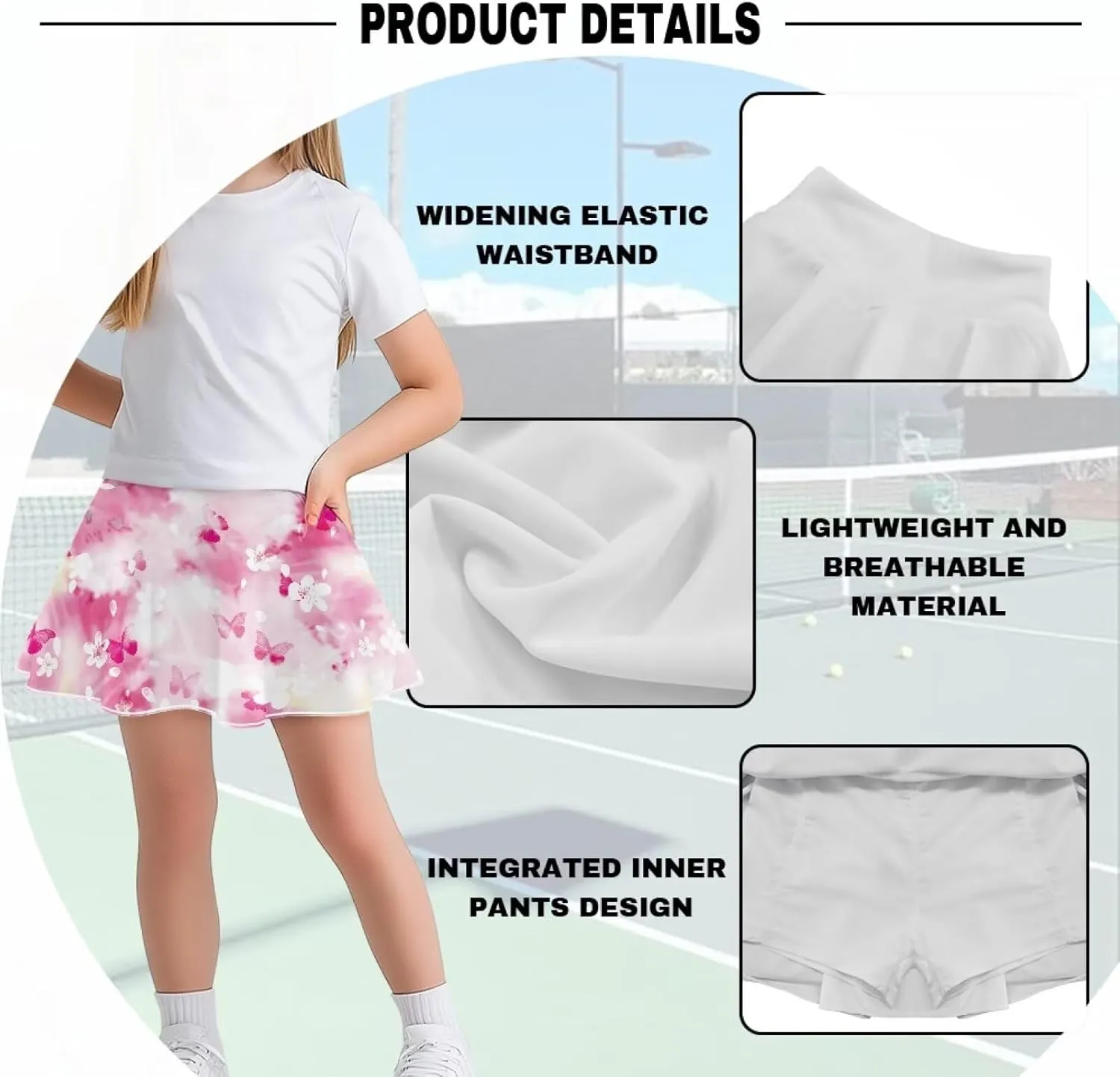 Girls' 2-in-1 Athletic Skirts for Tennis Running Dance Golf with Inner Shorts Pockets