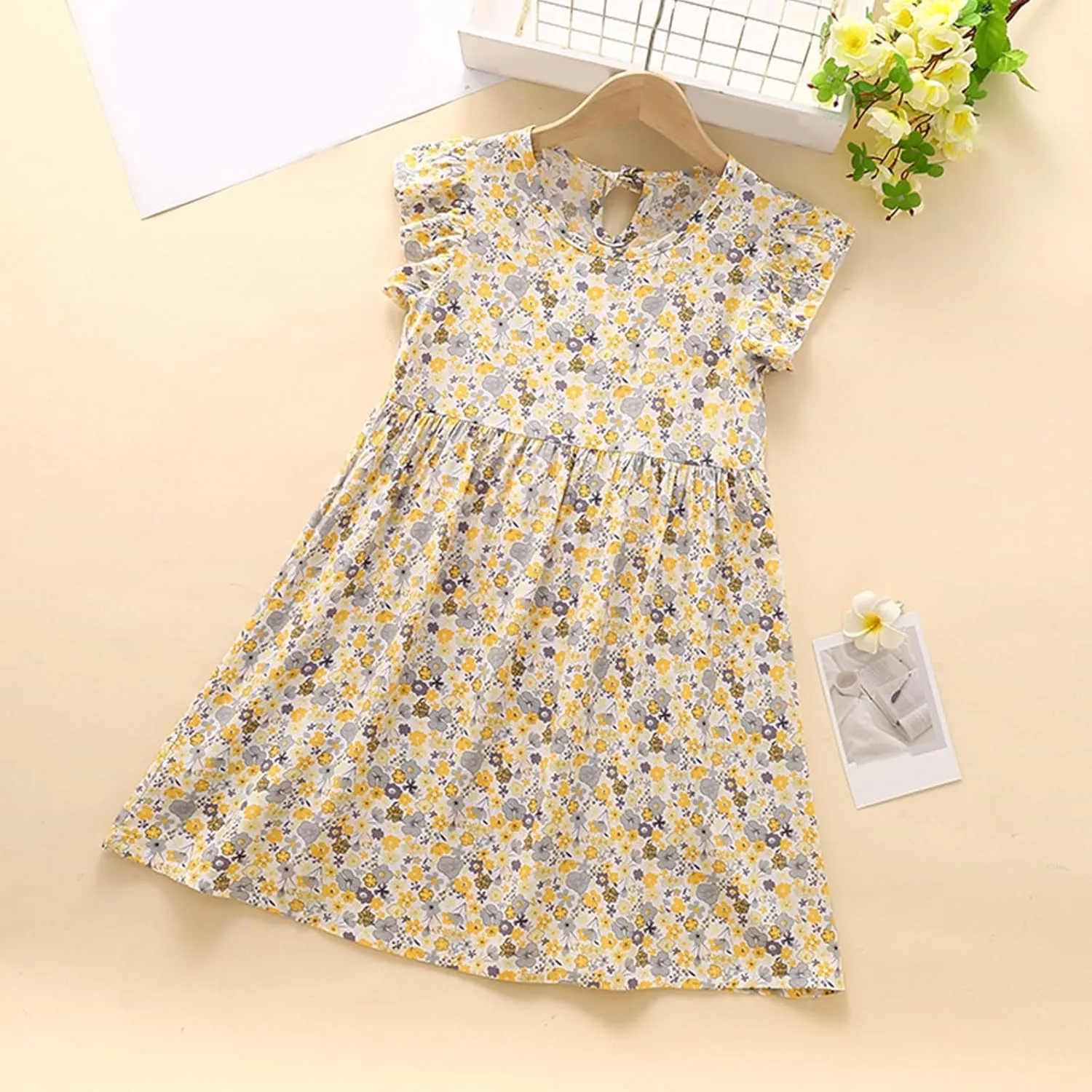 Girls Casual Dress Summer Floral Printed Ruffle Sleeve A Line Party Dress Round Neck Boho Dresses Size 3-14 Years