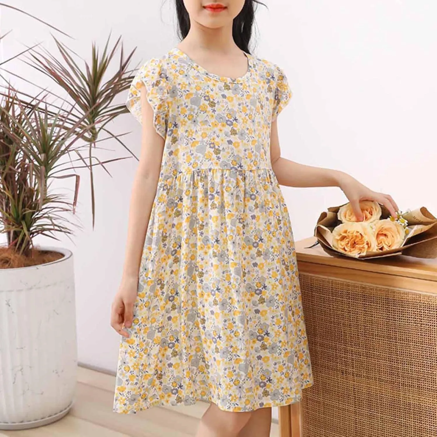 Girls Casual Dress Summer Floral Printed Ruffle Sleeve A Line Party Dress Round Neck Boho Dresses Size 3-14 Years