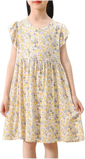 Girls Casual Dress Summer Floral Printed Ruffle Sleeve A Line Party Dress Round Neck Boho Dresses Size 3-14 Years