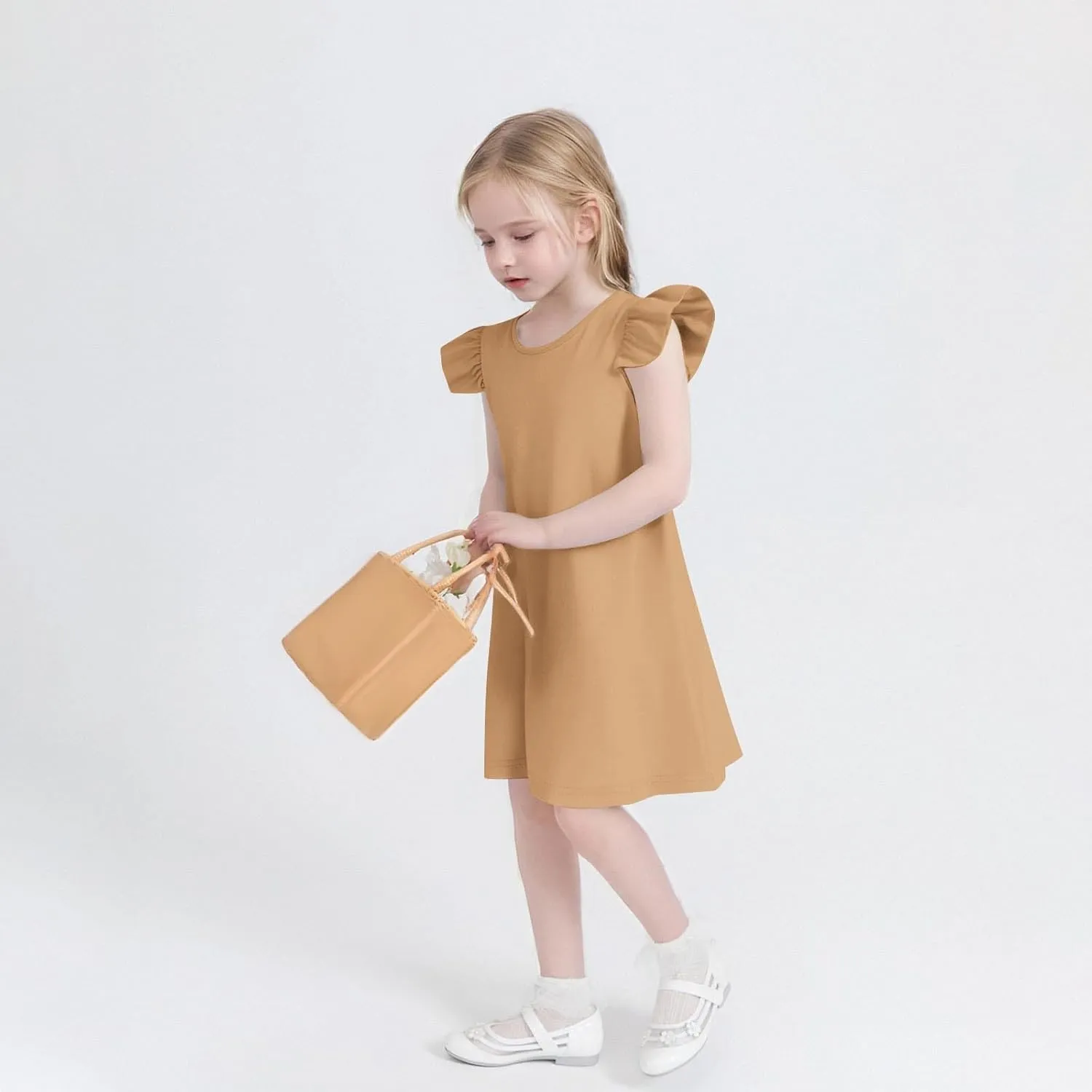 Girls Cute Summer Dress Fashion Ruffle Sleeve Mini Dresses Casual Round Neck Solid Color A Line Dress 4-13 Years
