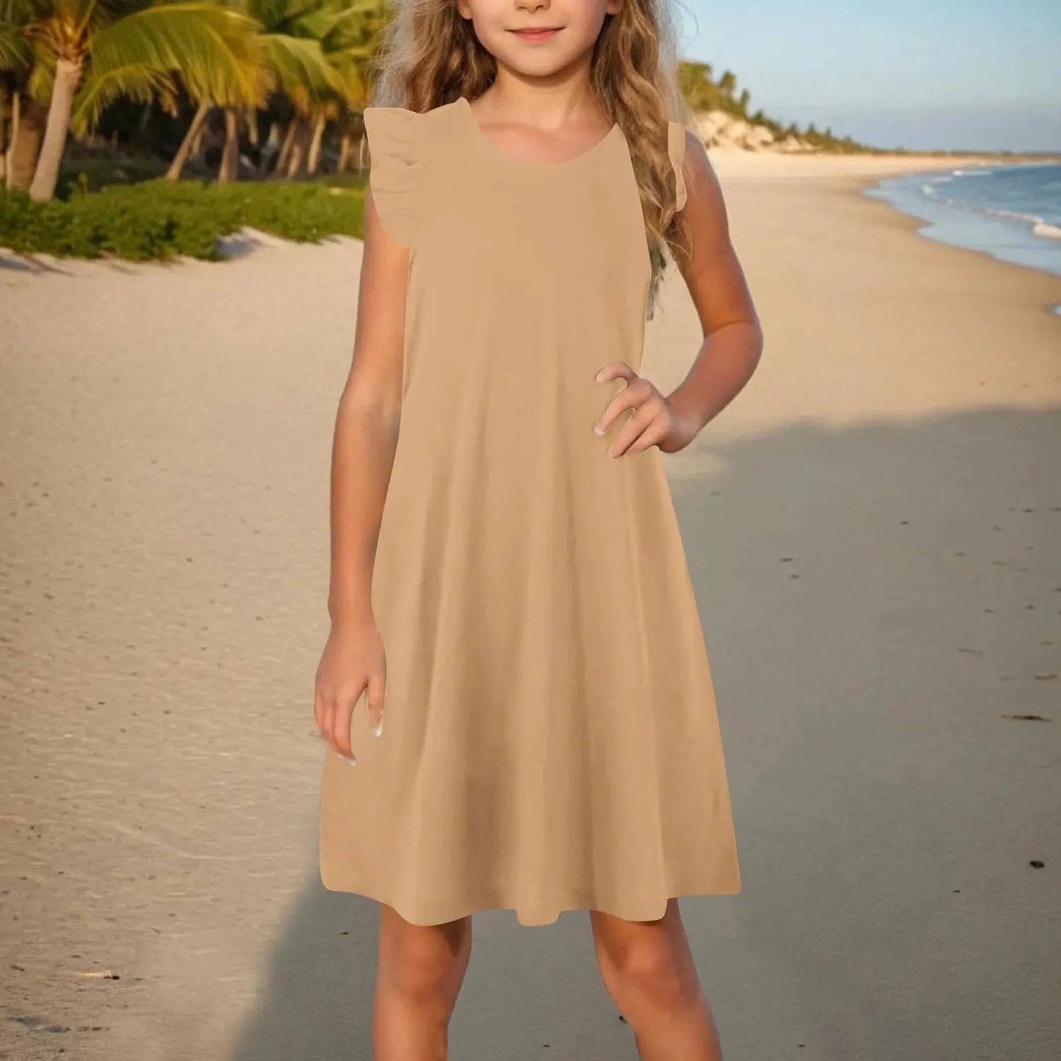 Girls Cute Summer Dress Fashion Ruffle Sleeve Mini Dresses Casual Round Neck Solid Color A Line Dress 4-13 Years