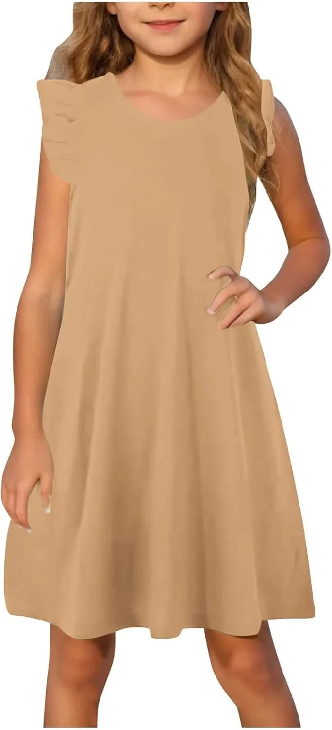 Girls Cute Summer Dress Fashion Ruffle Sleeve Mini Dresses Casual Round Neck Solid Color A Line Dress 4-13 Years