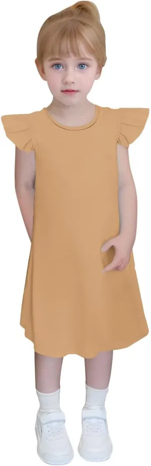 Girls Cute Summer Dress Fashion Ruffle Sleeve Mini Dresses Casual Round Neck Solid Color A Line Dress 4-13 Years