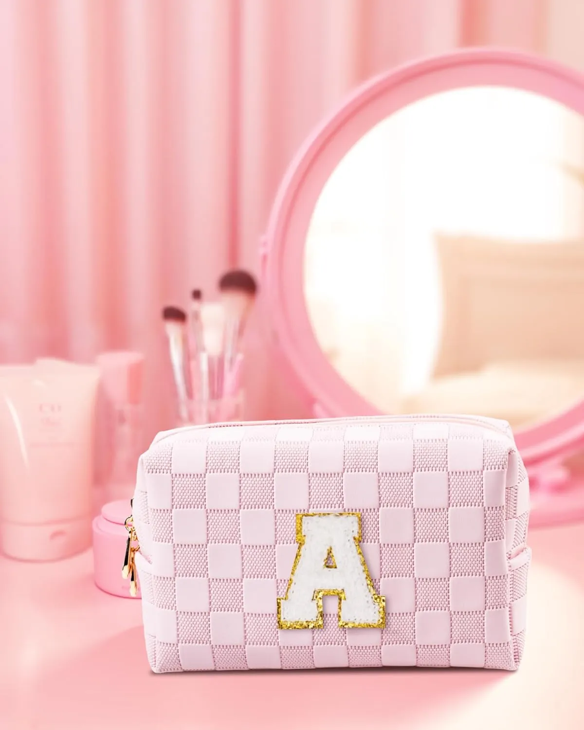 Girls Gifts Preppy Comestci Bag, Small Cosmetic Travel Bags for Kids, PU Leather Waterproof Toiletry Bag with Zipper, Personalized Birthday Gift For Kids Girl, Preppy Gifts For Girl (Letter F)