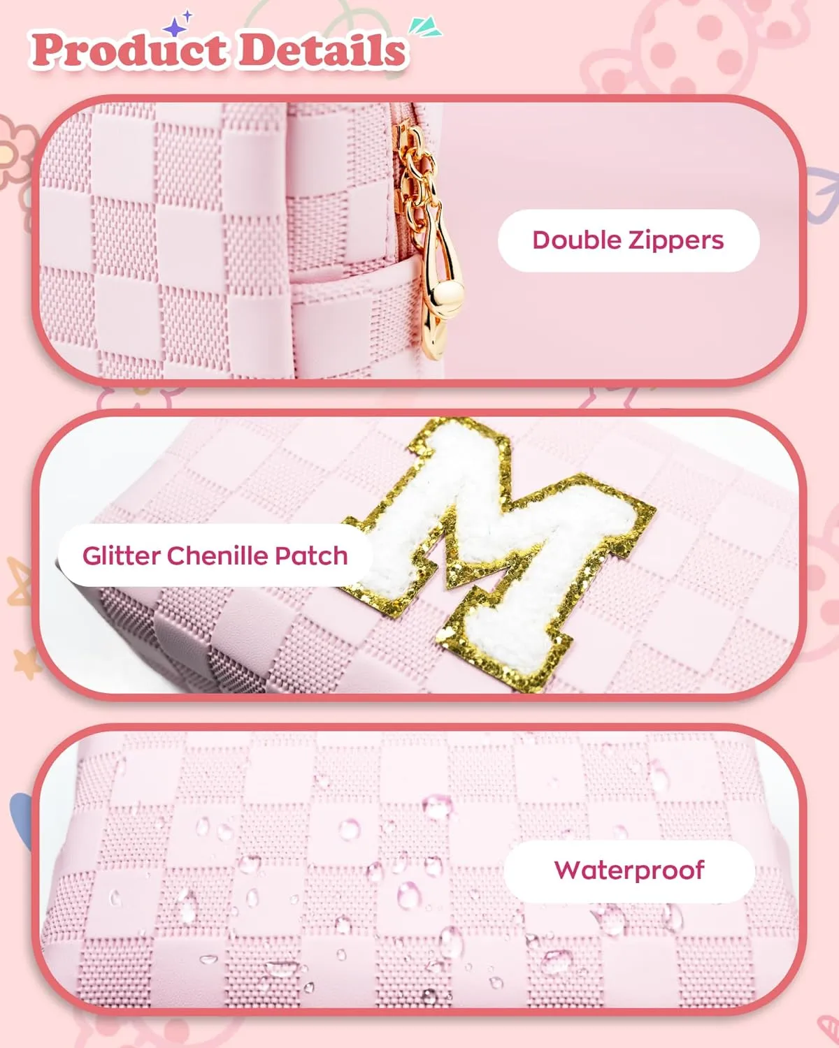 Girls Gifts Preppy Comestci Bag, Small Cosmetic Travel Bags for Kids, PU Leather Waterproof Toiletry Bag with Zipper, Personalized Birthday Gift For Kids Girl, Preppy Gifts For Girl (Letter F)
