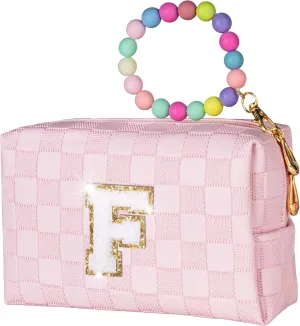 Girls Gifts Preppy Comestci Bag, Small Cosmetic Travel Bags for Kids, PU Leather Waterproof Toiletry Bag with Zipper, Personalized Birthday Gift For Kids Girl, Preppy Gifts For Girl (Letter F)